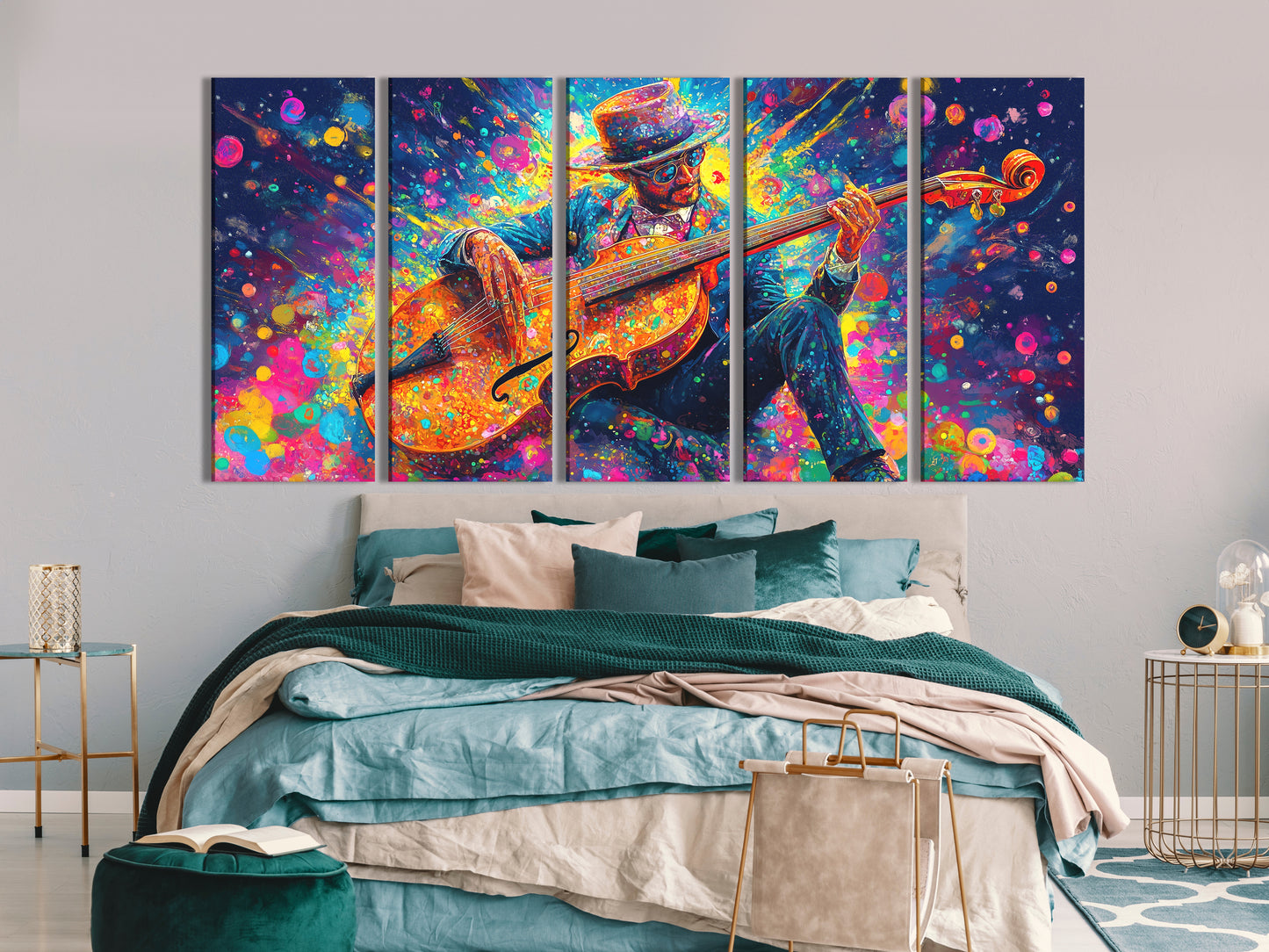 Canvasprint van een dynamische bassist – Explosieve kleurenspatmuziekdecoratie, levendige jazzfunkenergie