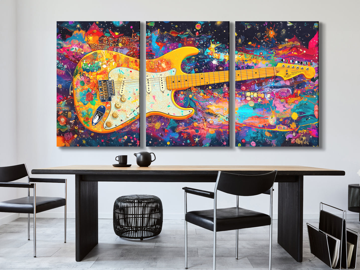 Psychedelic Electric Guitar Canvas Print – Funky Rainbow Rock Art, Bold Colorful Music Décor