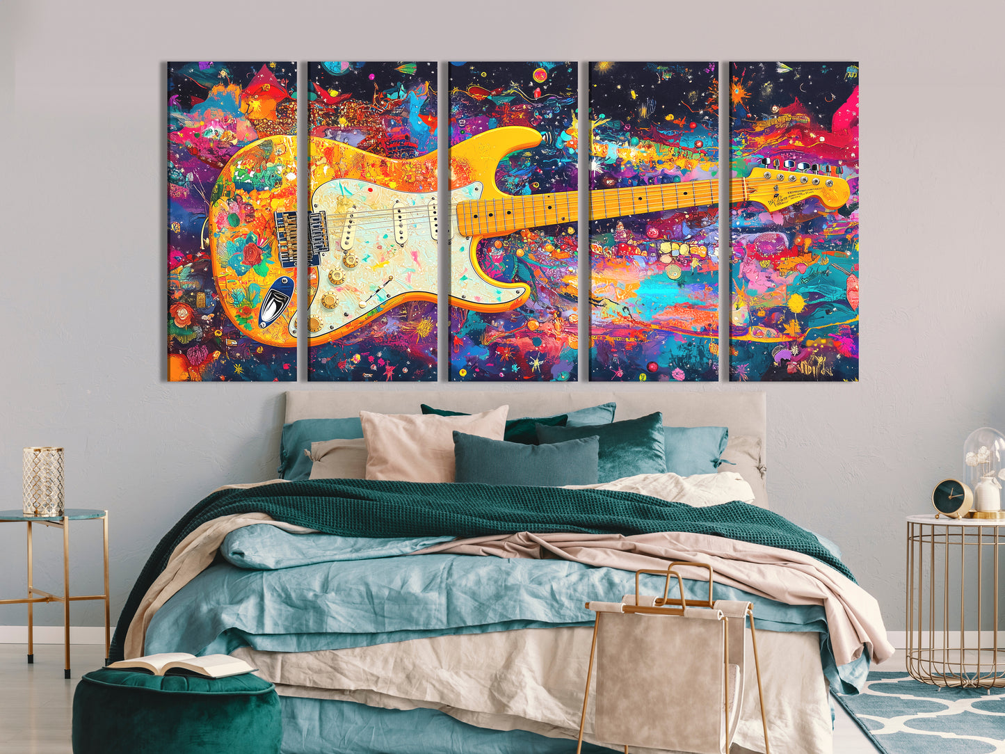 Psychedelic Electric Guitar Canvas Print – Funky Rainbow Rock Art, Bold Colorful Music Décor