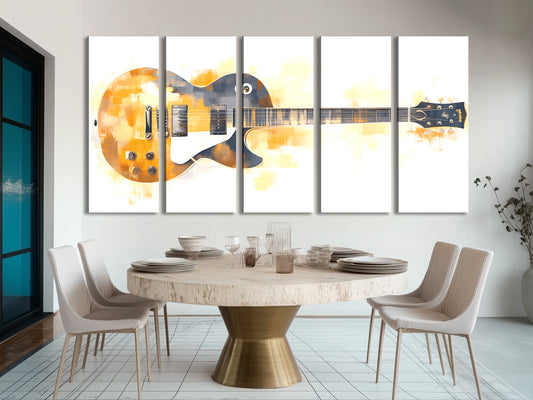 추상 일렉트릭 기타 캔버스 프린트 - 따뜻한 금색과 흰색 음악 장식, 현대 기타 아트