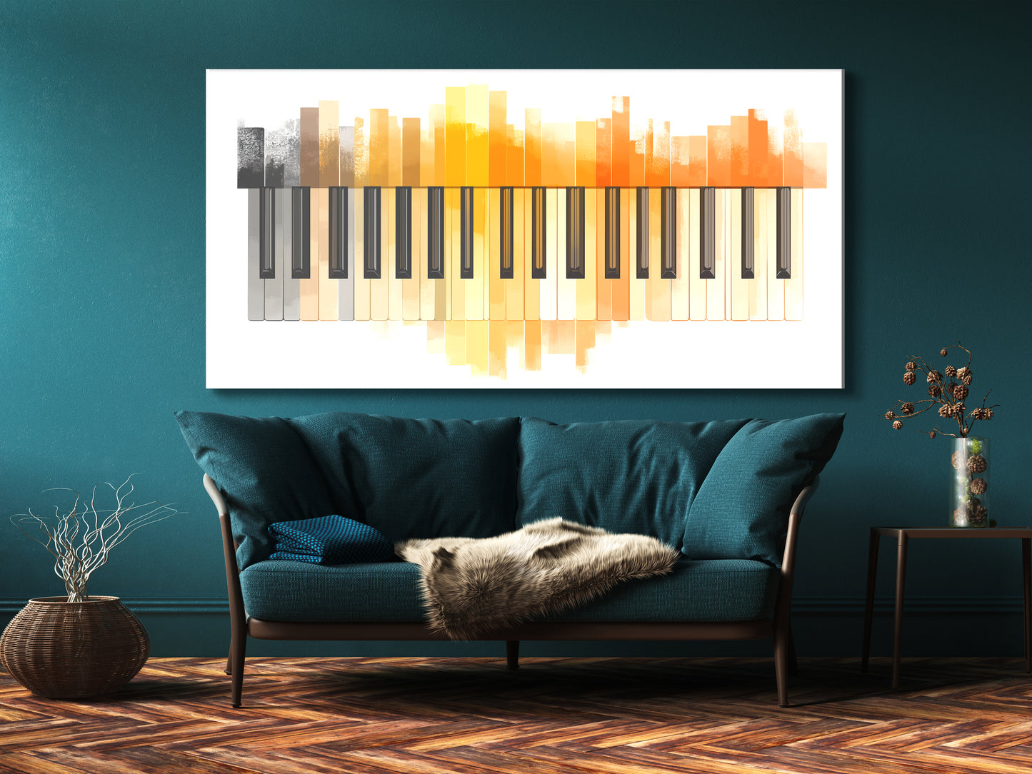 Canvasprint met oranje aquarelpianotoetsen – moderne minimalistische muziekkunst, zachte pianodecoratie