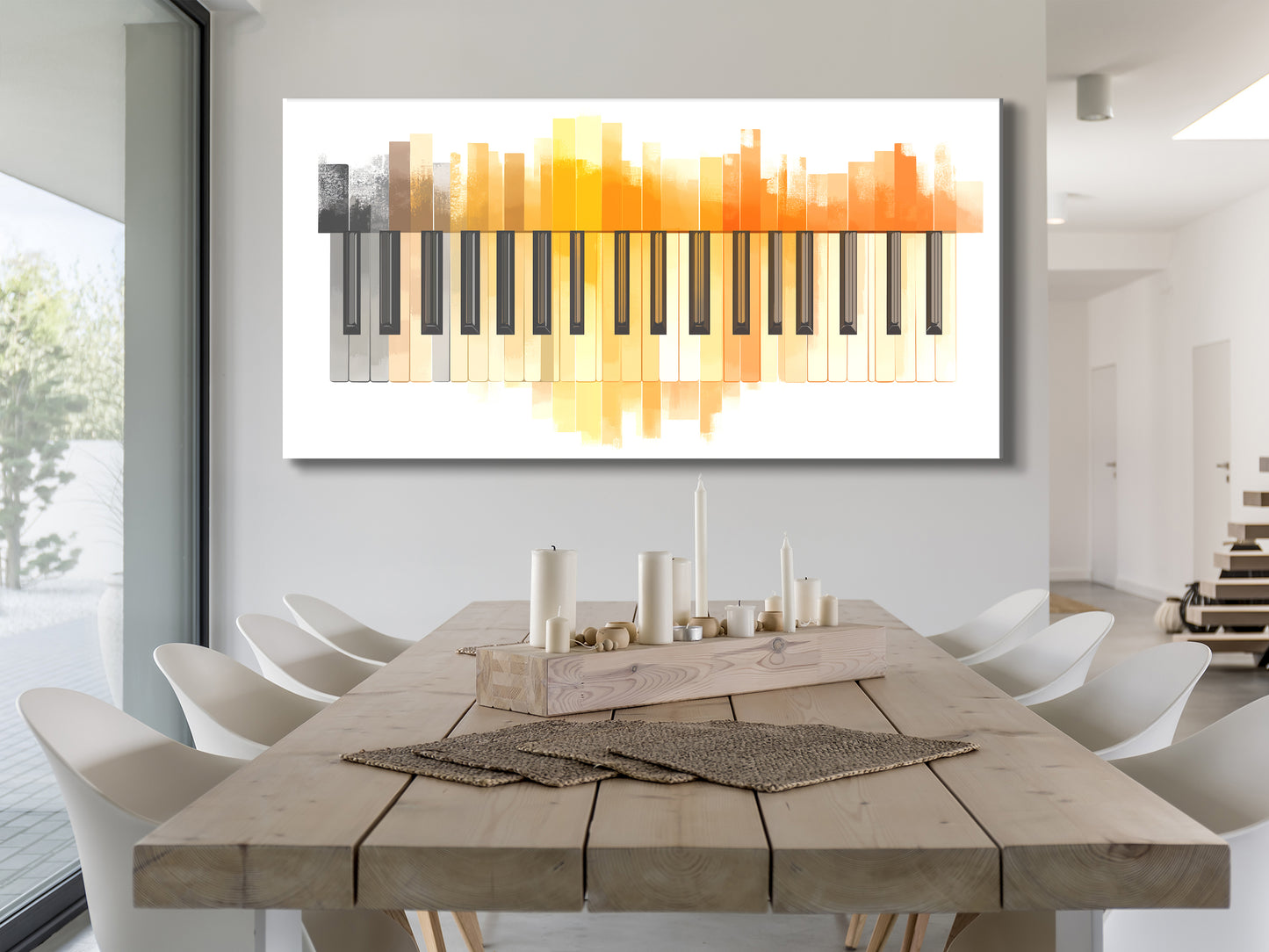 Canvasprint met oranje aquarelpianotoetsen – moderne minimalistische muziekkunst, zachte pianodecoratie