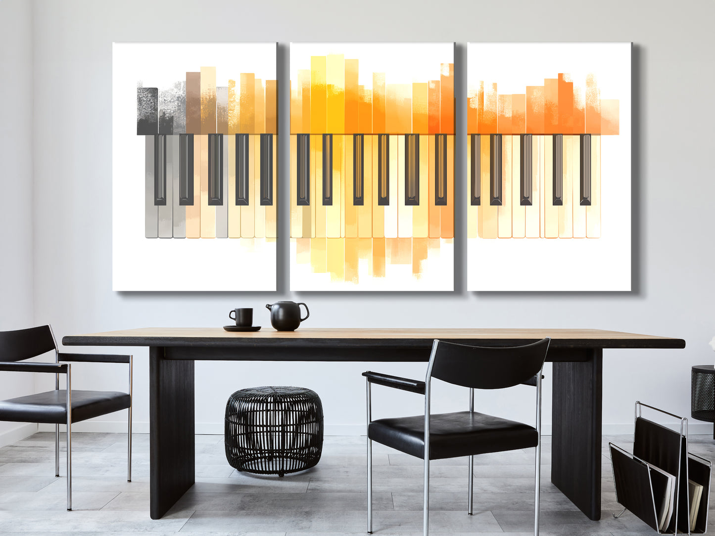 Canvasprint met oranje aquarelpianotoetsen – moderne minimalistische muziekkunst, zachte pianodecoratie