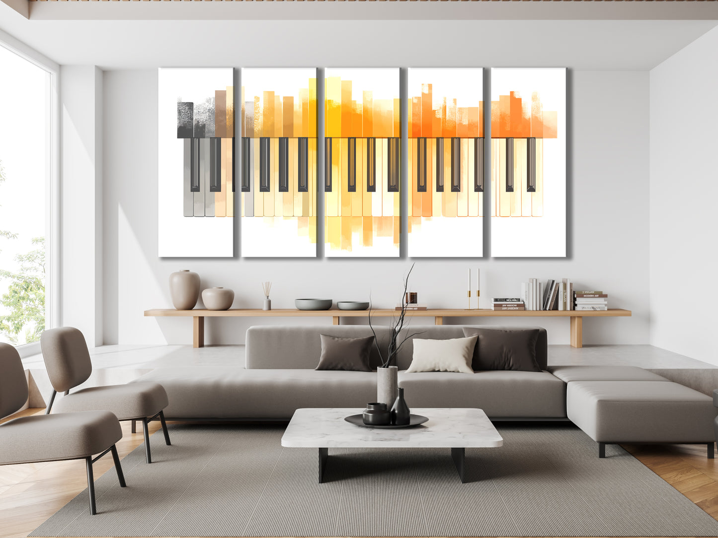 Canvasprint met oranje aquarelpianotoetsen – moderne minimalistische muziekkunst, zachte pianodecoratie