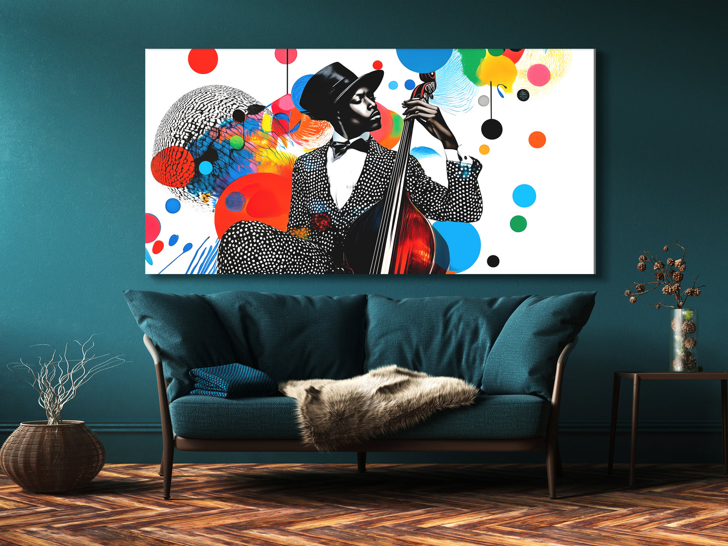 Farbenfroher Jazz-Bass-Collage-Leinwanddruck – Lebhafte, von Musik inspirierte Pop-Art, kräftiges mehrfarbiges Silhouette-Dekor