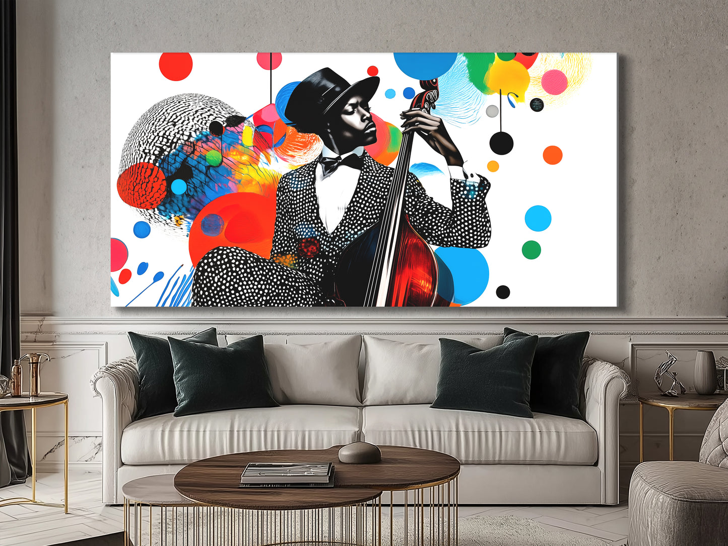 Farbenfroher Jazz-Bass-Collage-Leinwanddruck – Lebhafte, von Musik inspirierte Pop-Art, kräftiges mehrfarbiges Silhouette-Dekor
