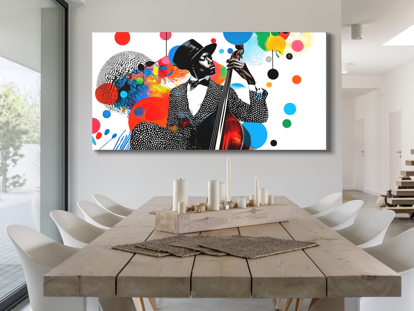 Farbenfroher Jazz-Bass-Collage-Leinwanddruck – Lebhafte, von Musik inspirierte Pop-Art, kräftiges mehrfarbiges Silhouette-Dekor