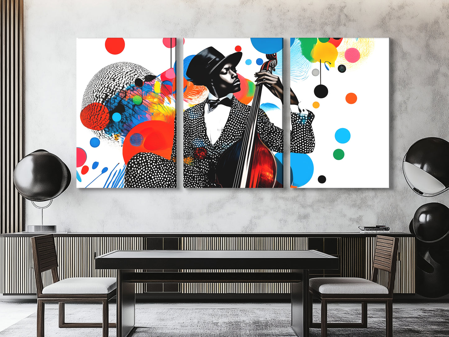 Farbenfroher Jazz-Bass-Collage-Leinwanddruck – Lebhafte, von Musik inspirierte Pop-Art, kräftiges mehrfarbiges Silhouette-Dekor
