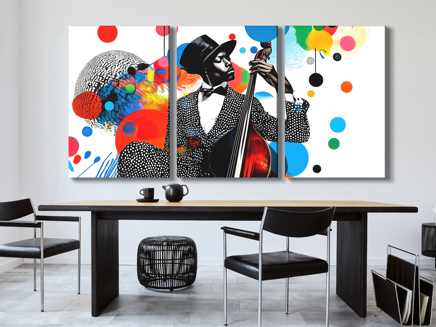Farbenfroher Jazz-Bass-Collage-Leinwanddruck – Lebhafte, von Musik inspirierte Pop-Art, kräftiges mehrfarbiges Silhouette-Dekor