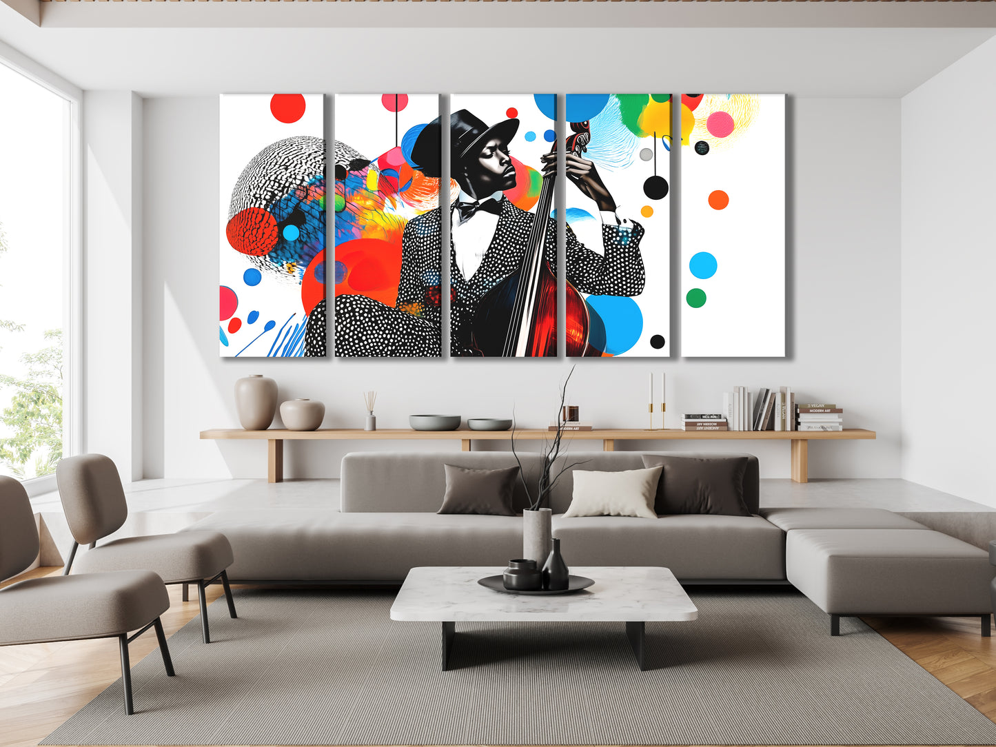 Farbenfroher Jazz-Bass-Collage-Leinwanddruck – Lebhafte, von Musik inspirierte Pop-Art, kräftiges mehrfarbiges Silhouette-Dekor