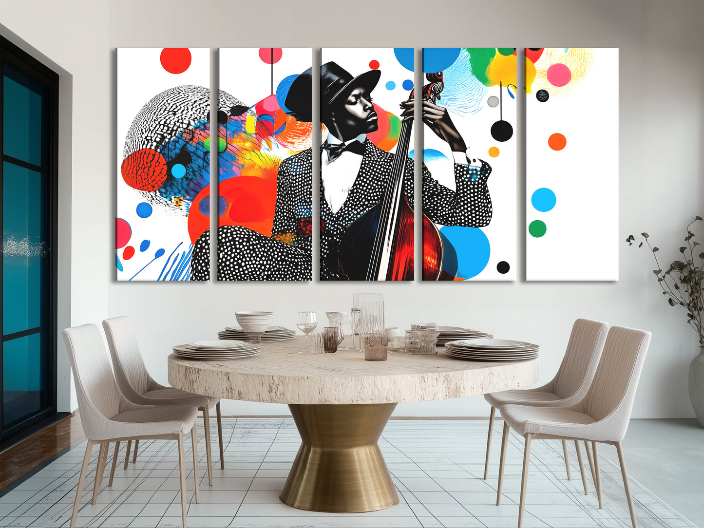 Farbenfroher Jazz-Bass-Collage-Leinwanddruck – Lebhafte, von Musik inspirierte Pop-Art, kräftiges mehrfarbiges Silhouette-Dekor