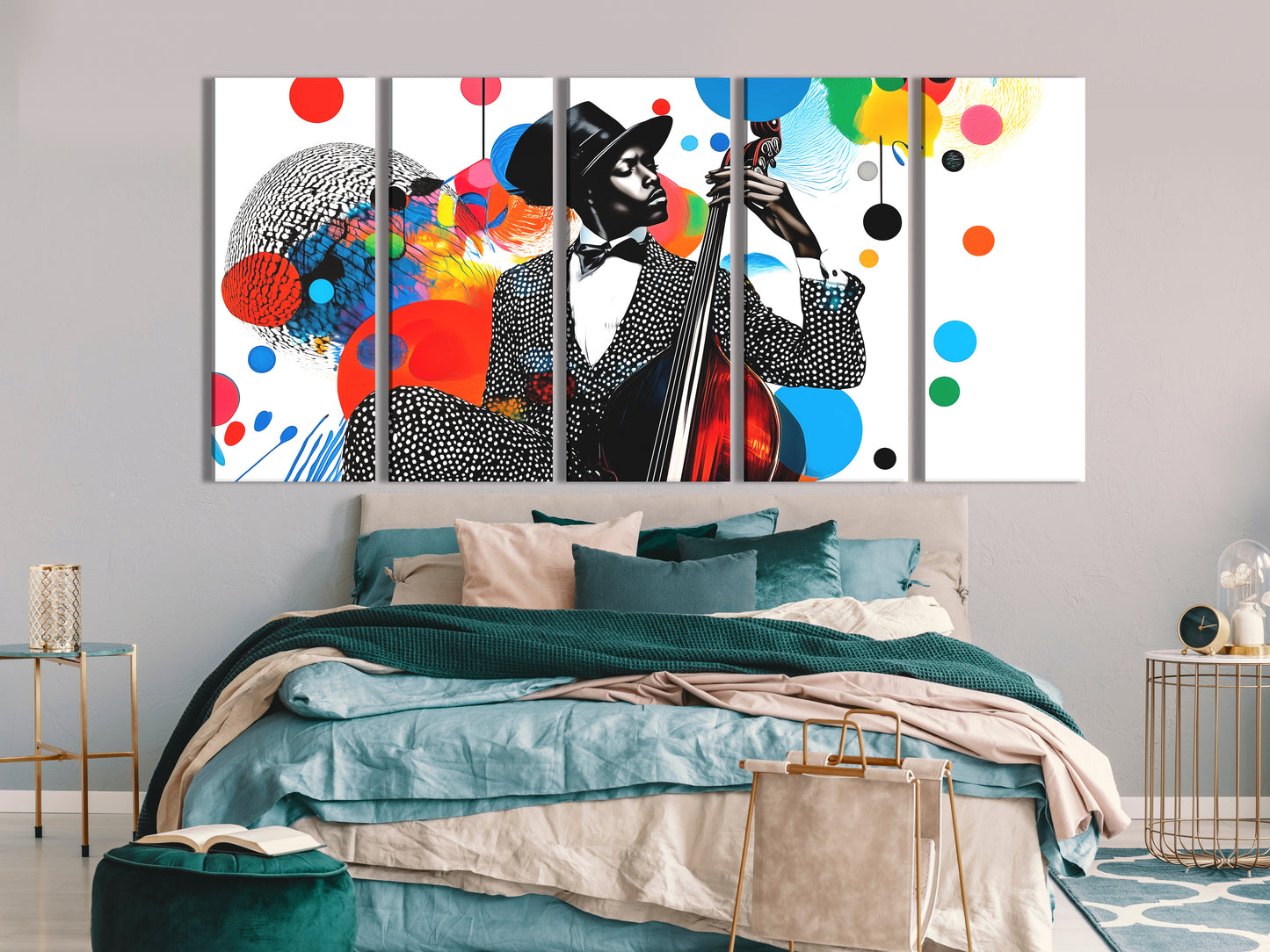 Farbenfroher Jazz-Bass-Collage-Leinwanddruck – Lebhafte, von Musik inspirierte Pop-Art, kräftiges mehrfarbiges Silhouette-Dekor