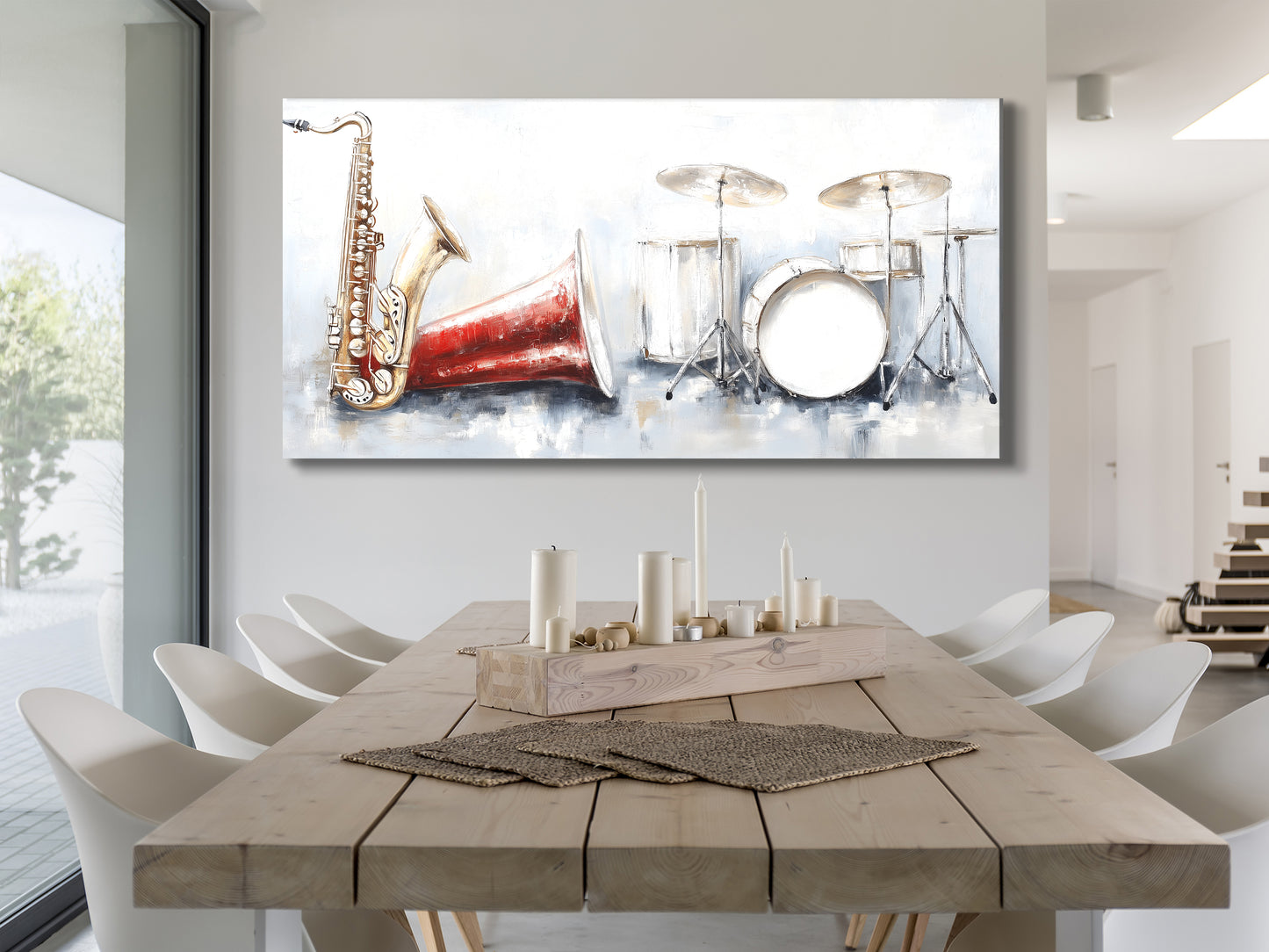 Leinwanddruck mit Saxophon und Schlagzeug – Vintage-Dekor mit rotem Horn, ausdrucksstarke Instrumentenkunst mit Pinselstrichen