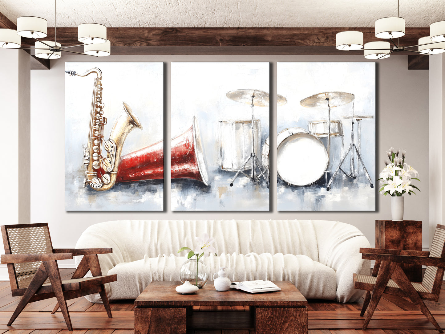 Leinwanddruck mit Saxophon und Schlagzeug – Vintage-Dekor mit rotem Horn, ausdrucksstarke Instrumentenkunst mit Pinselstrichen