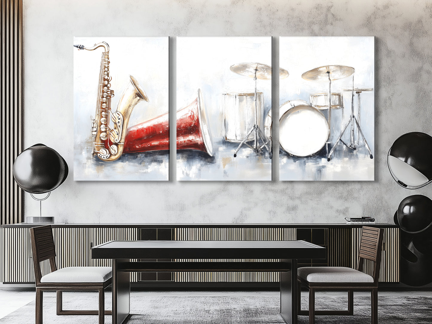 Leinwanddruck mit Saxophon und Schlagzeug – Vintage-Dekor mit rotem Horn, ausdrucksstarke Instrumentenkunst mit Pinselstrichen