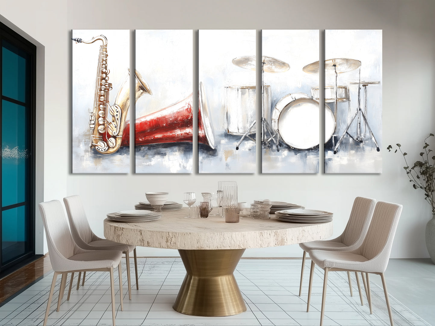 Leinwanddruck mit Saxophon und Schlagzeug – Vintage-Dekor mit rotem Horn, ausdrucksstarke Instrumentenkunst mit Pinselstrichen