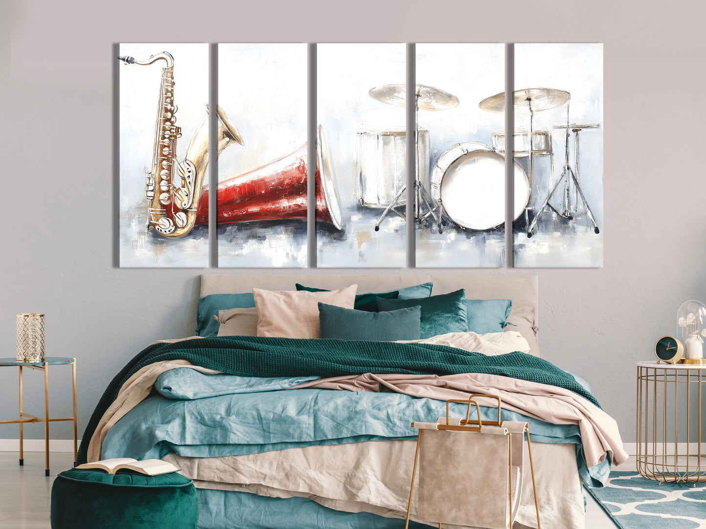 Leinwanddruck mit Saxophon und Schlagzeug – Vintage-Dekor mit rotem Horn, ausdrucksstarke Instrumentenkunst mit Pinselstrichen