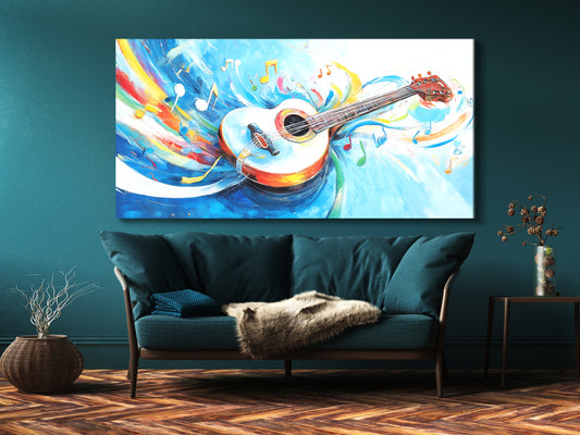 화이트 어쿠스틱 기타 캔버스 프린트 - 다채로운 음표 아트워크, 밝고 기발한 장식