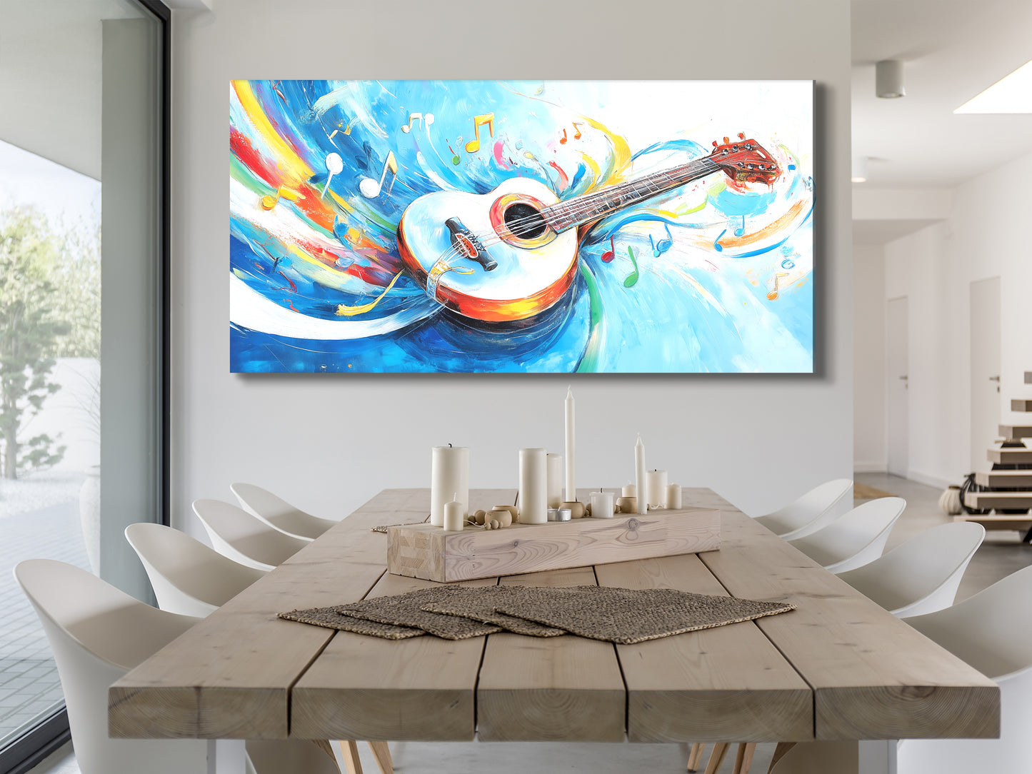 White Acoustic Guitar Canvas Print – Colorful Music Notes Artwork, Bright Whimsical Décor