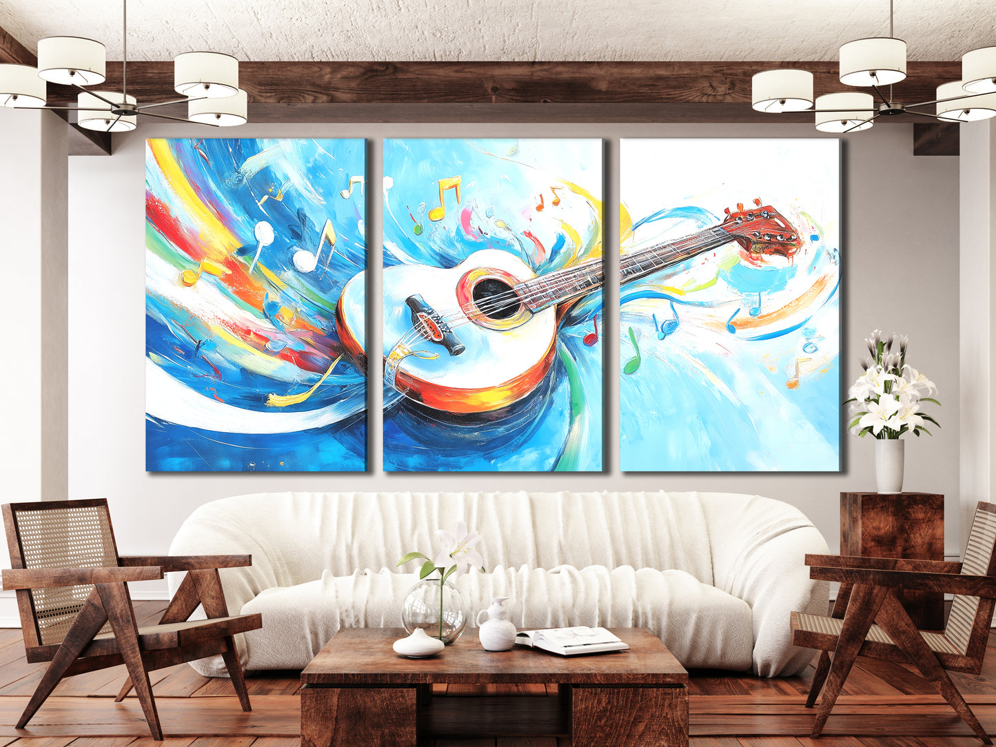 White Acoustic Guitar Canvas Print – Colorful Music Notes Artwork, Bright Whimsical Décor
