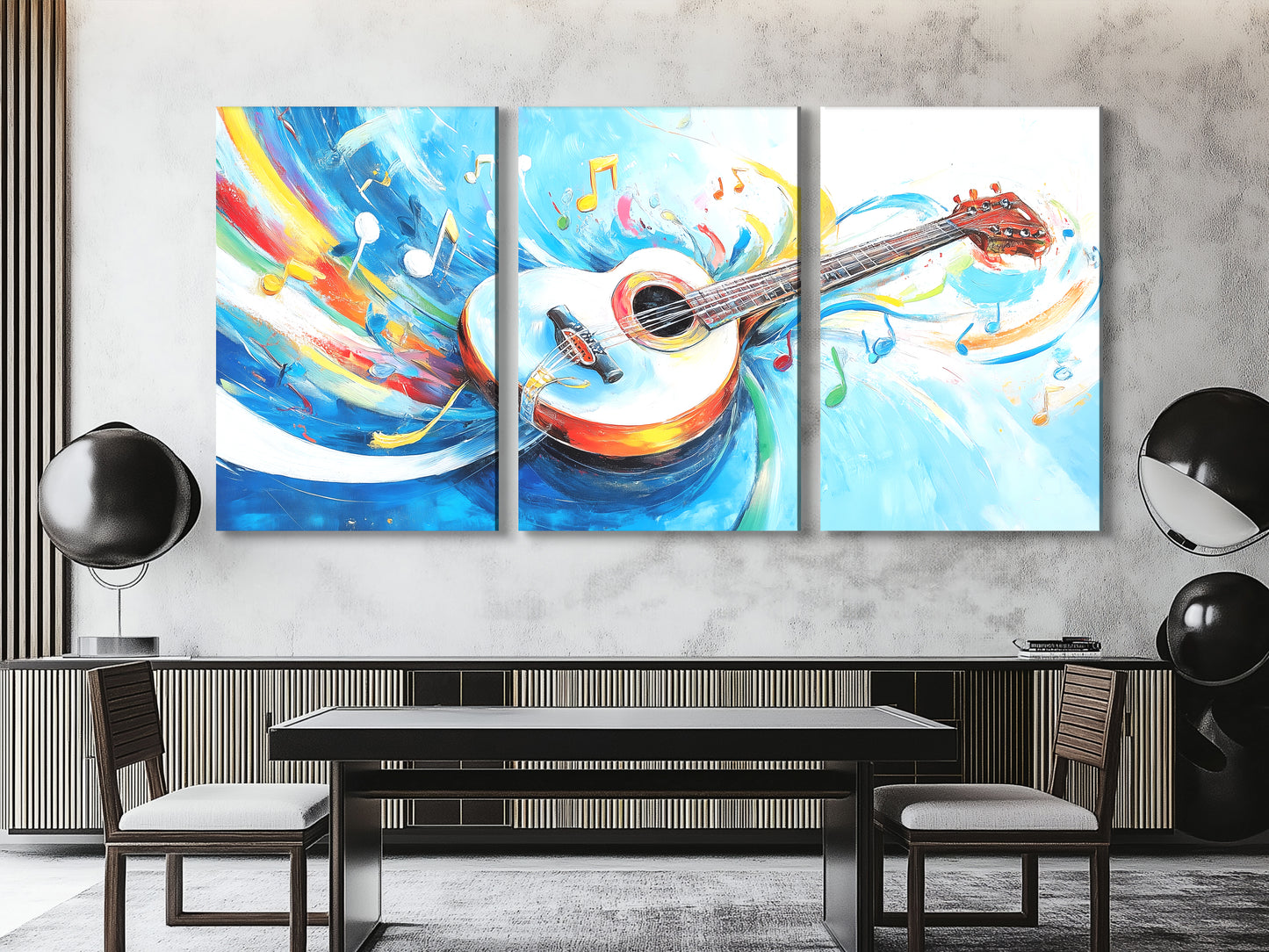 White Acoustic Guitar Canvas Print – Colorful Music Notes Artwork, Bright Whimsical Décor
