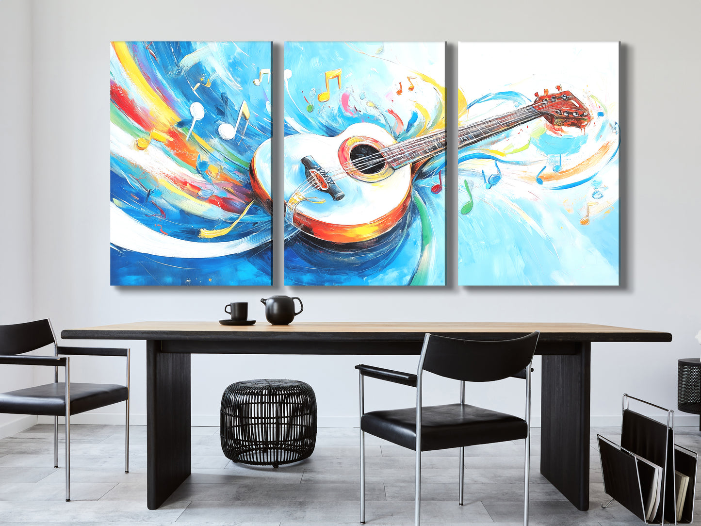 White Acoustic Guitar Canvas Print – Colorful Music Notes Artwork, Bright Whimsical Décor