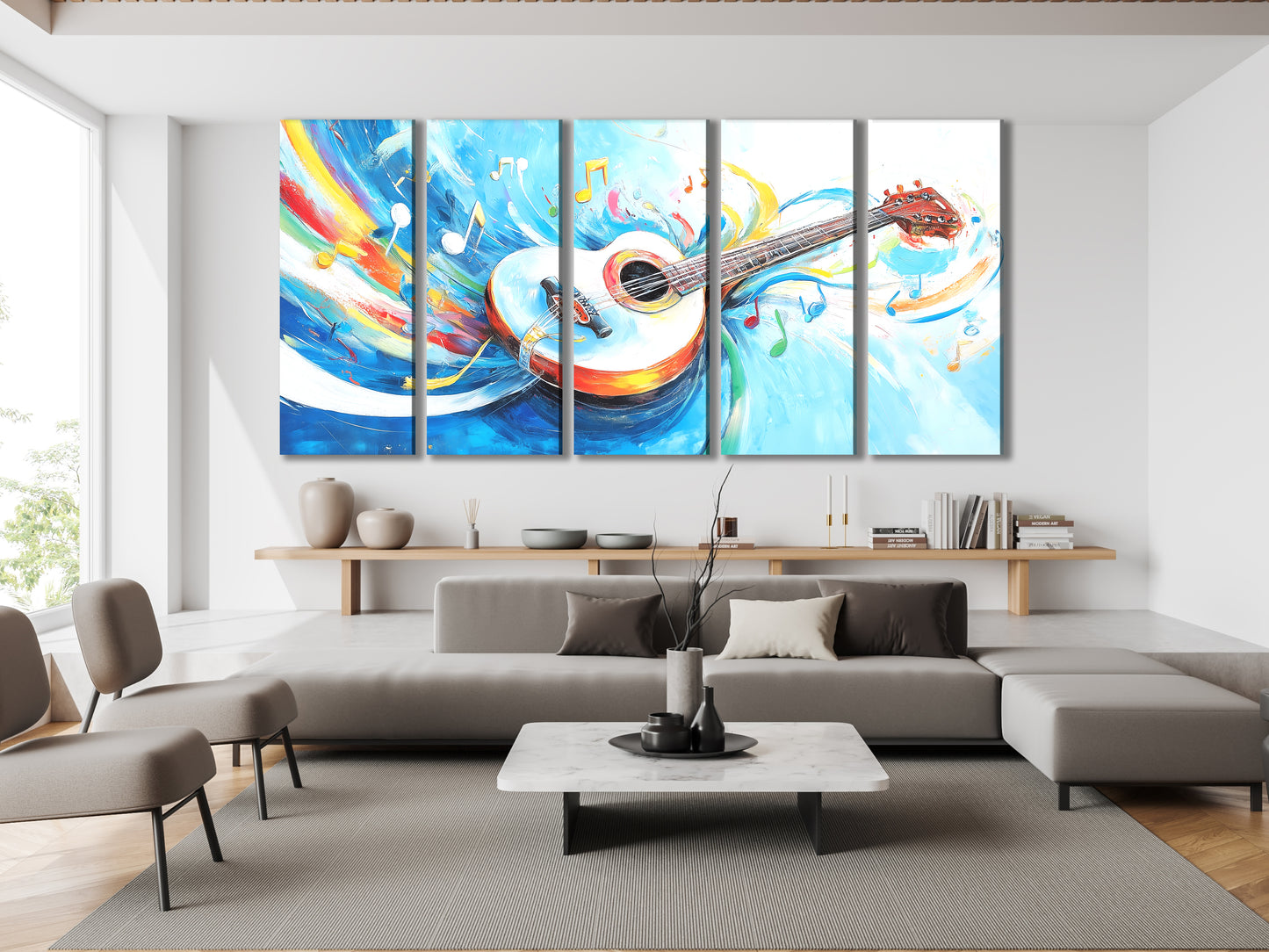 White Acoustic Guitar Canvas Print – Colorful Music Notes Artwork, Bright Whimsical Décor