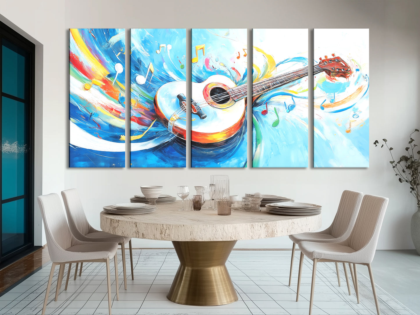 White Acoustic Guitar Canvas Print – Colorful Music Notes Artwork, Bright Whimsical Décor