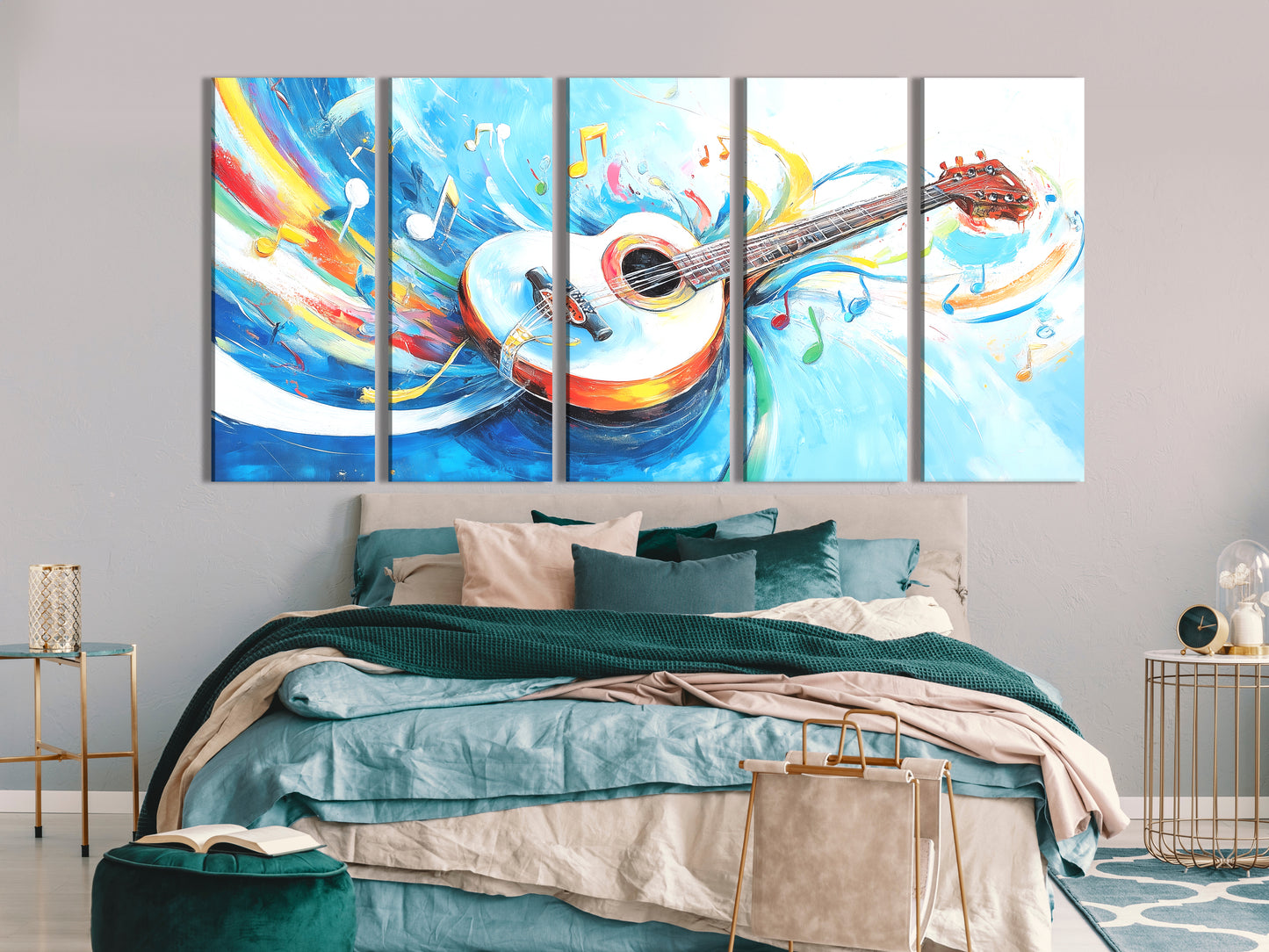 White Acoustic Guitar Canvas Print – Colorful Music Notes Artwork, Bright Whimsical Décor