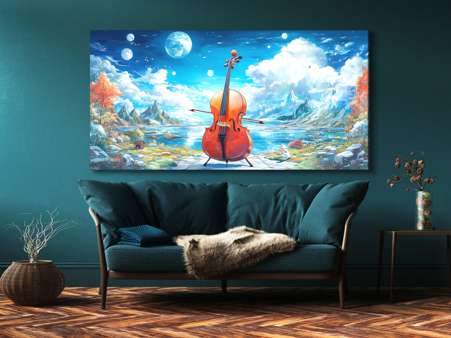 Fantasy Cello Lake Canvas Print – Surreal Mountainscape Music Art, Dreamlike Nature Décor