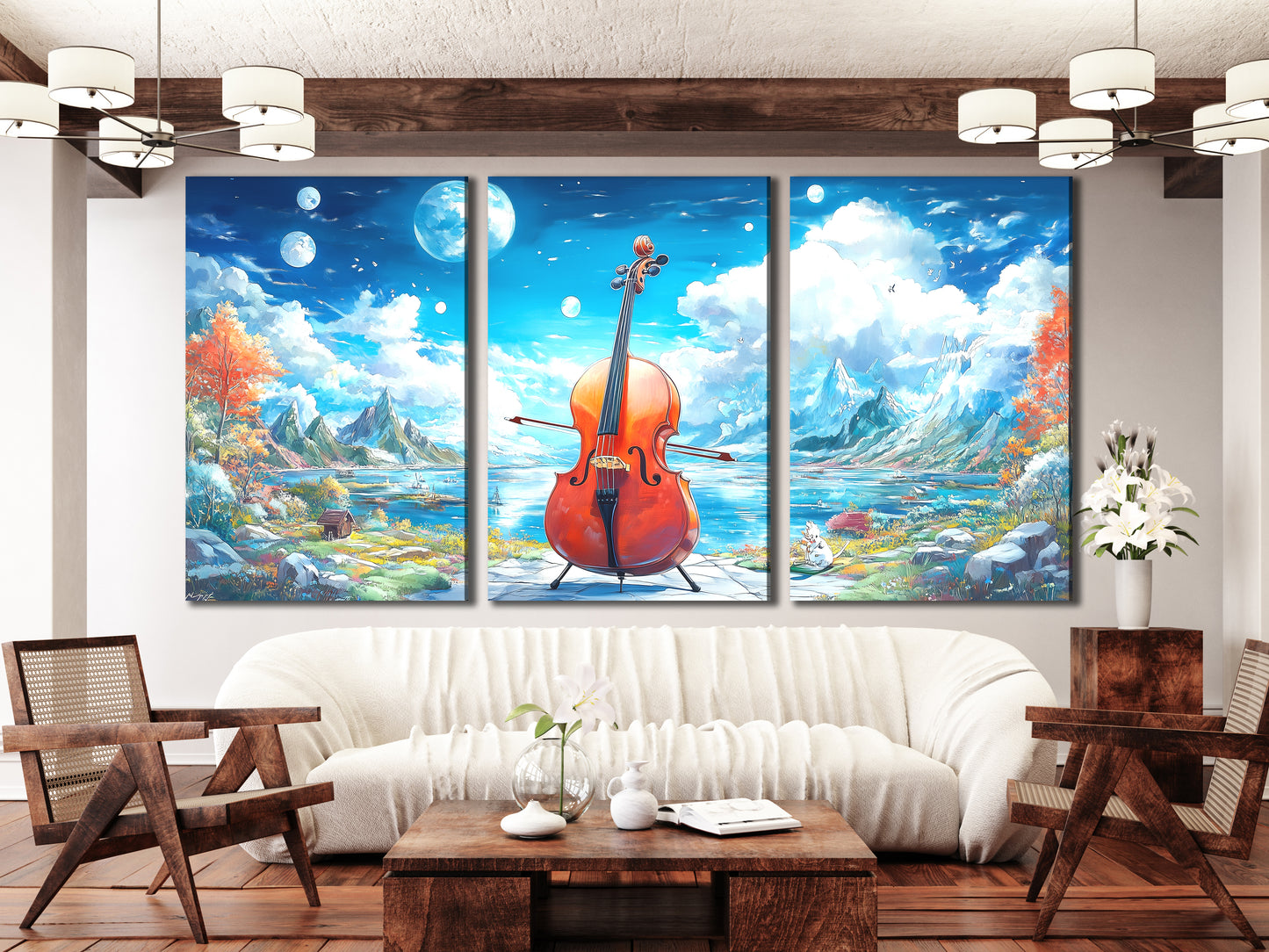 Fantasy Cello Lake Canvas Print – Surreal Mountainscape Music Art, Dreamlike Nature Décor