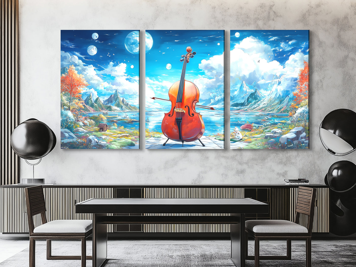 Fantasy Cello Lake Canvas Print – Surreal Mountainscape Music Art, Dreamlike Nature Décor