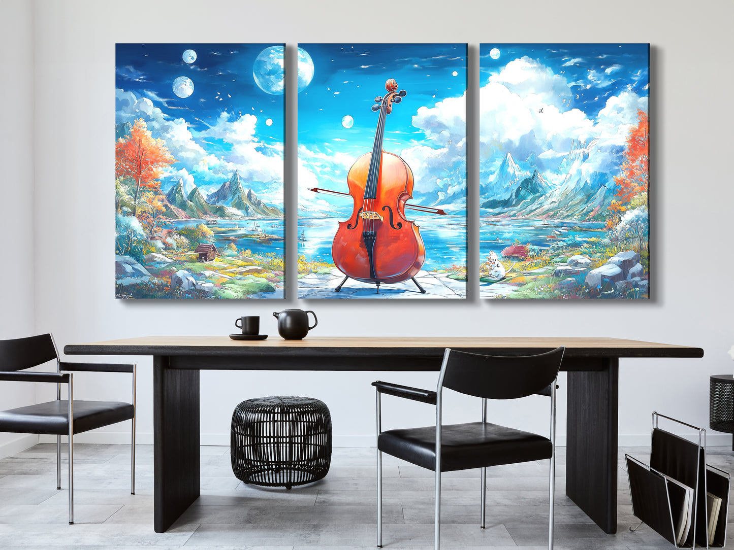 Fantasy Cello Lake Canvas Print – Surreal Mountainscape Music Art, Dreamlike Nature Décor