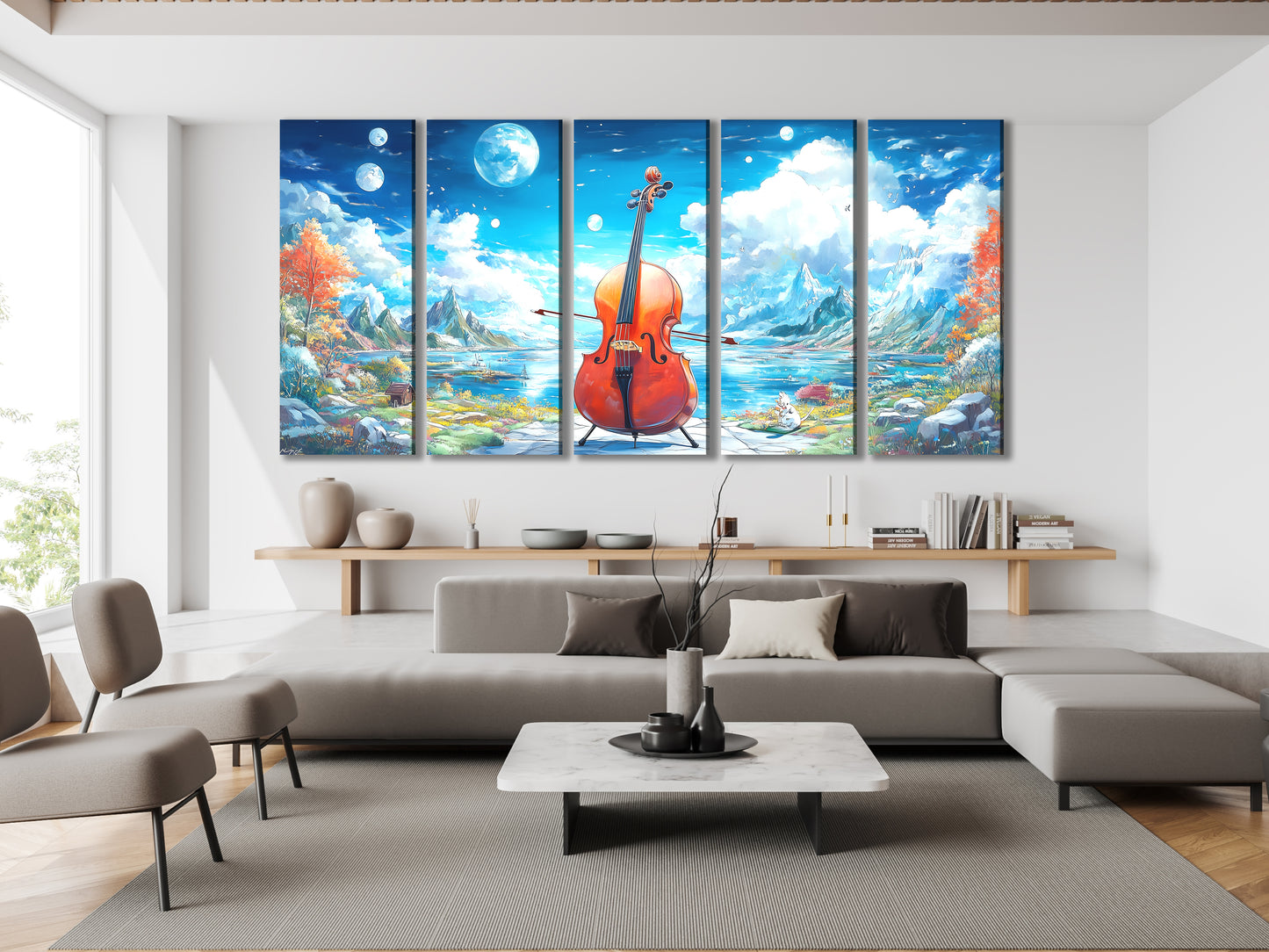 Fantasy Cello Lake Canvas Print – Surreal Mountainscape Music Art, Dreamlike Nature Décor