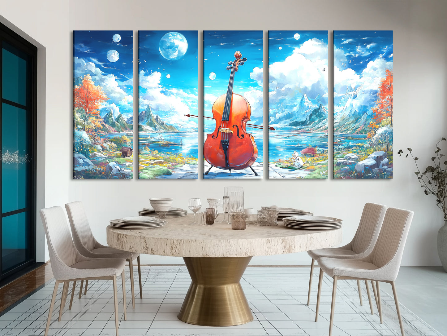 Fantasy Cello Lake Canvas Print – Surreal Mountainscape Music Art, Dreamlike Nature Décor