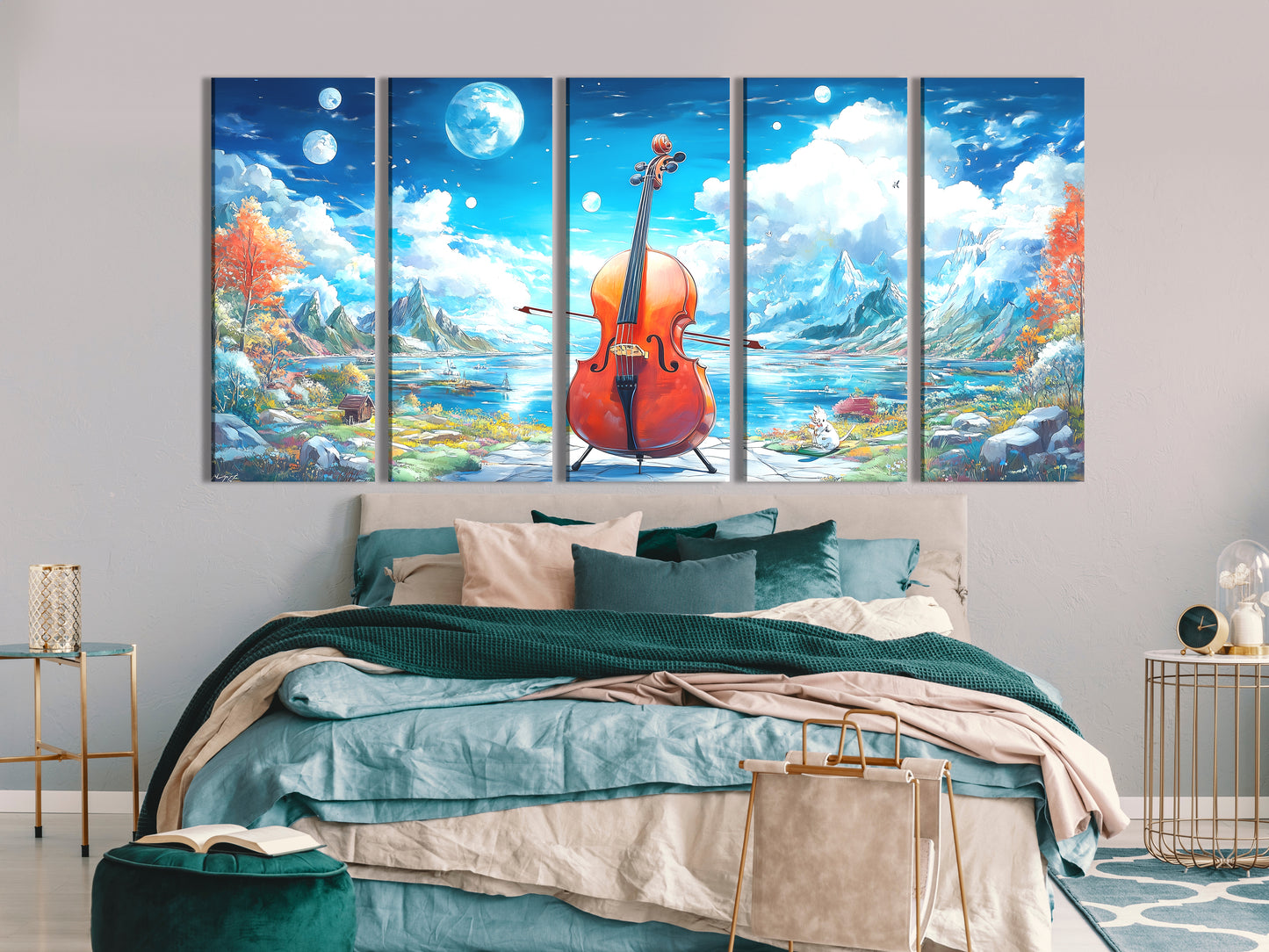 Fantasy Cello Lake Canvas Print – Surreal Mountainscape Music Art, Dreamlike Nature Décor