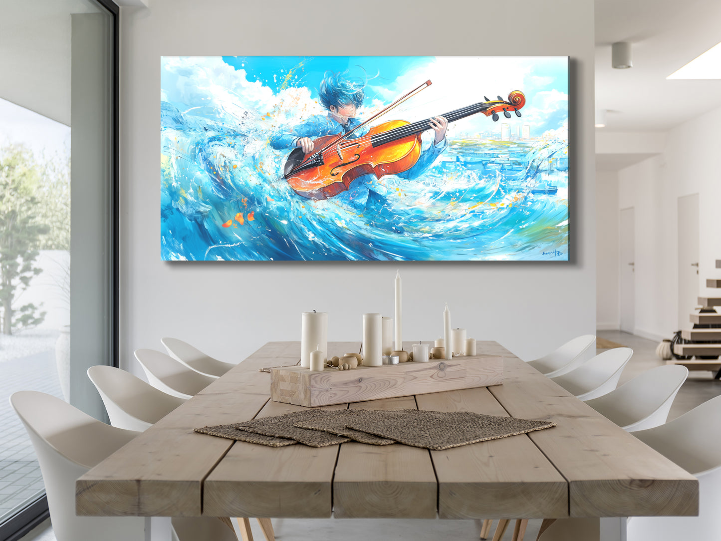 Surreal Wave Cello Canvas Print – Ocean-Themed Music Decor, Dynamic Aqua Motion Artwork