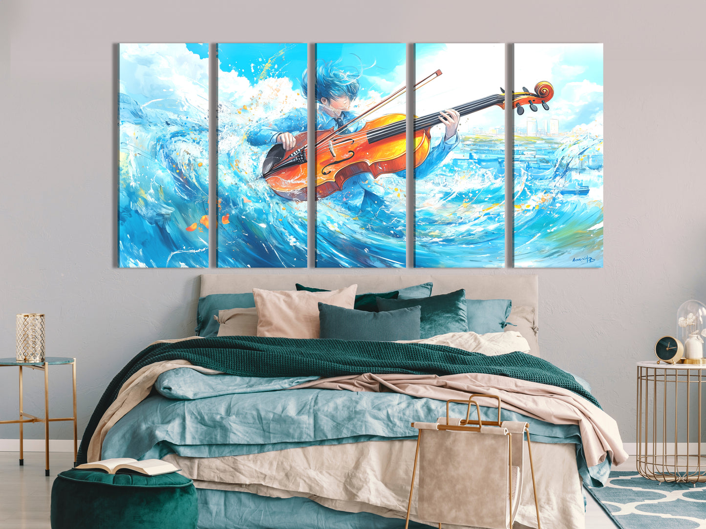 Surreal Wave Cello Canvas Print – Ocean-Themed Music Decor, Dynamic Aqua Motion Artwork