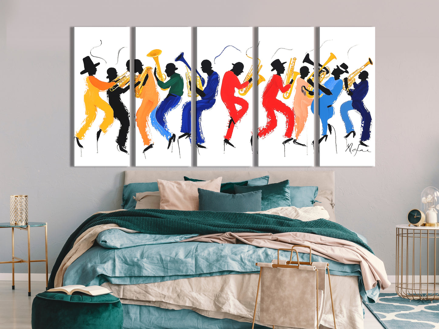 Colorful Silhouette Brass Band Canvas Print – Vibrant Jazz Parade Artwork, Modern Music Decor