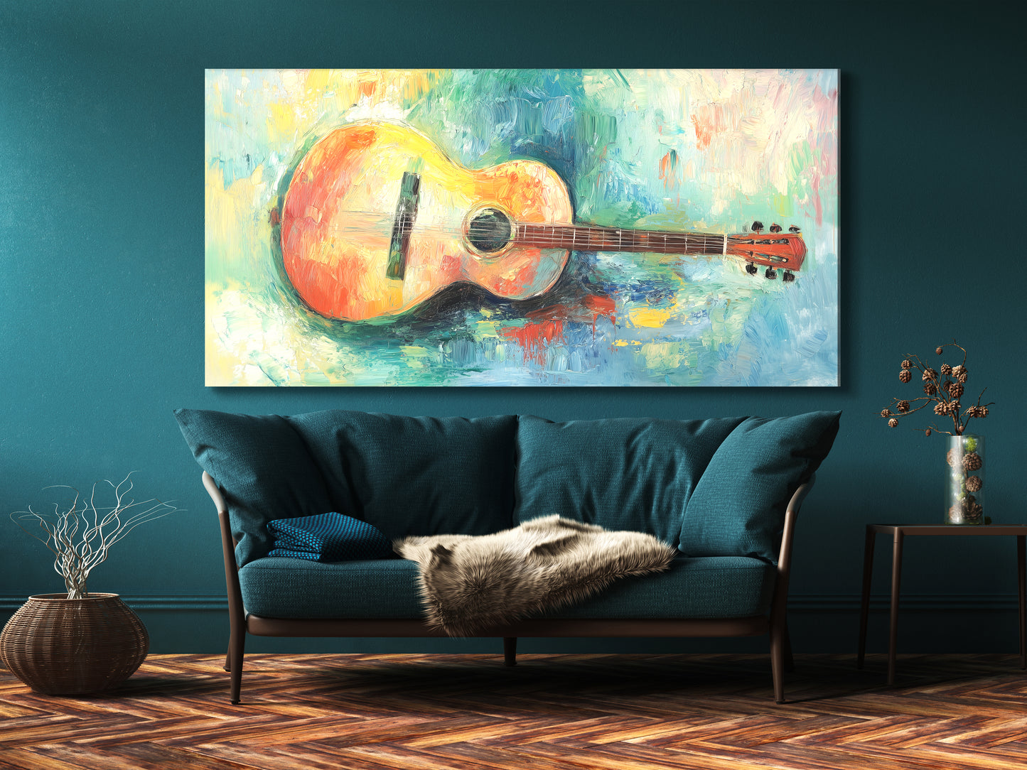Lebhafter Leinwanddruck mit Akustikgitarre – Farbenfrohes Impasto-Musikdekor für künstlerische Innenräume