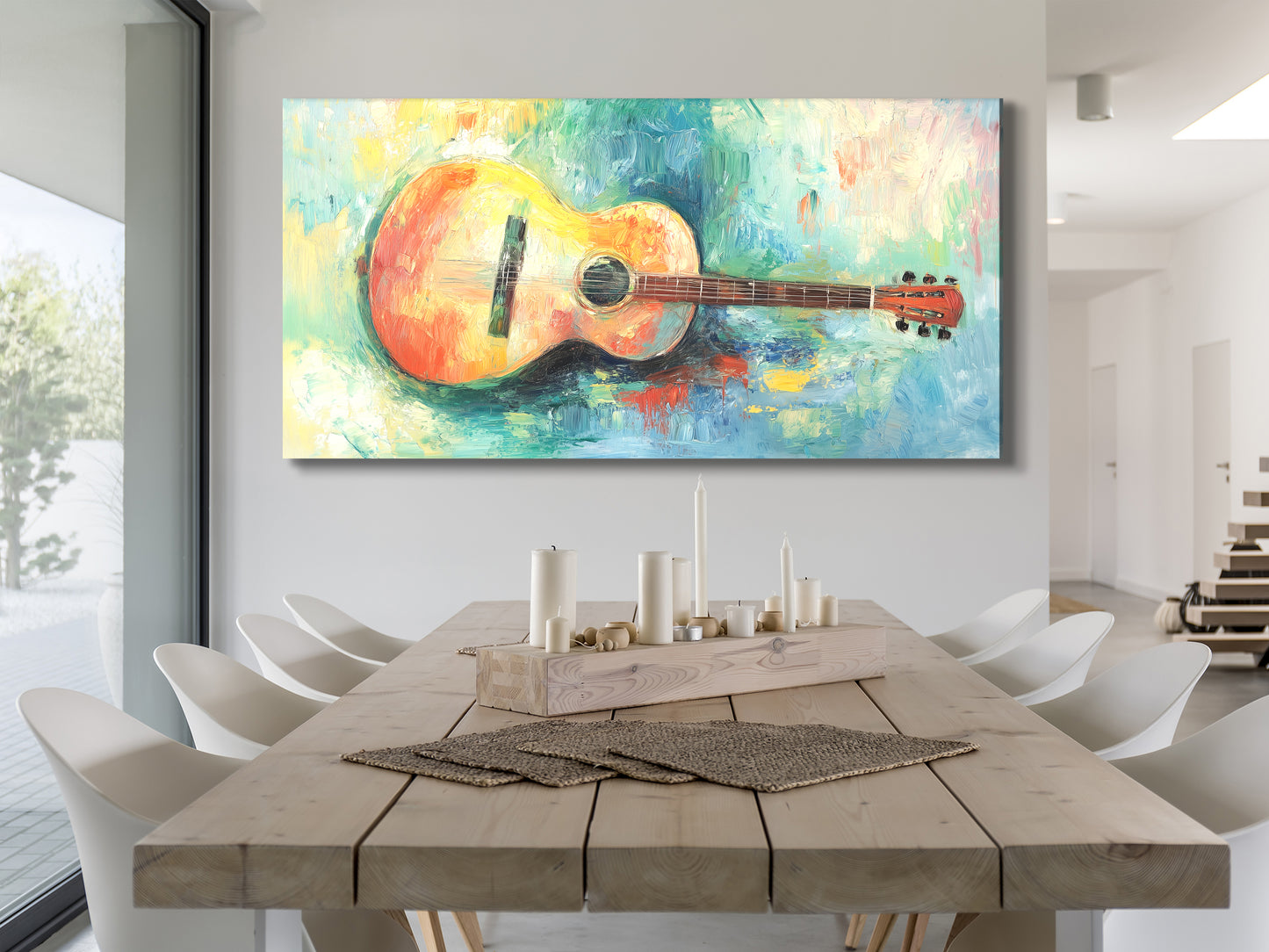 Lebhafter Leinwanddruck mit Akustikgitarre – Farbenfrohes Impasto-Musikdekor für künstlerische Innenräume