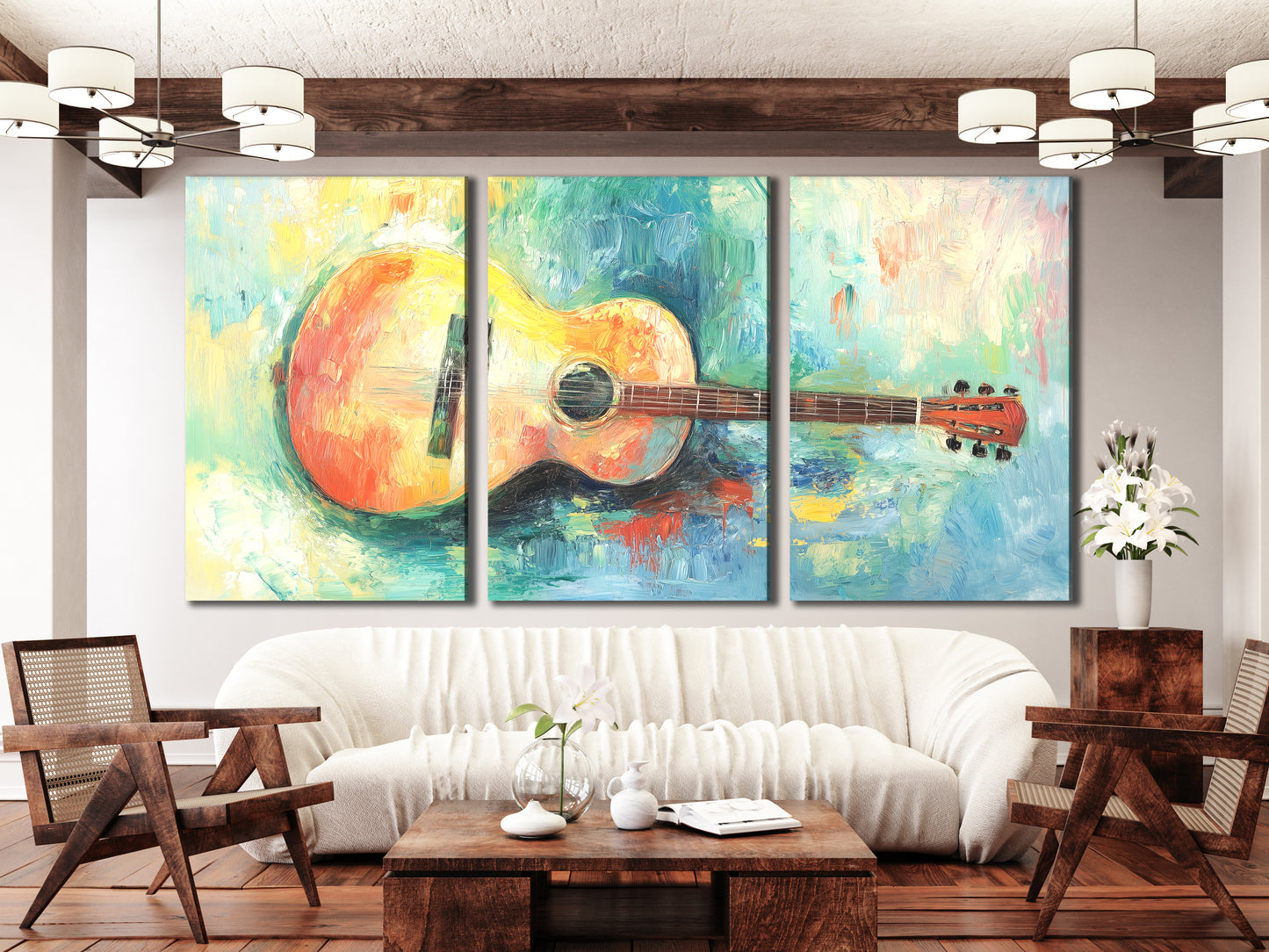 Lebhafter Leinwanddruck mit Akustikgitarre – Farbenfrohes Impasto-Musikdekor für künstlerische Innenräume