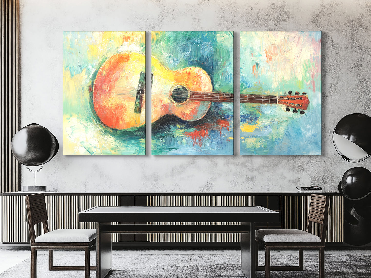 Lebhafter Leinwanddruck mit Akustikgitarre – Farbenfrohes Impasto-Musikdekor für künstlerische Innenräume