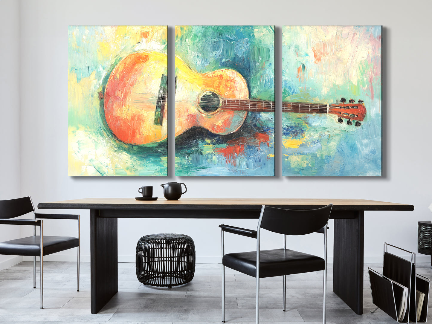 Lebhafter Leinwanddruck mit Akustikgitarre – Farbenfrohes Impasto-Musikdekor für künstlerische Innenräume
