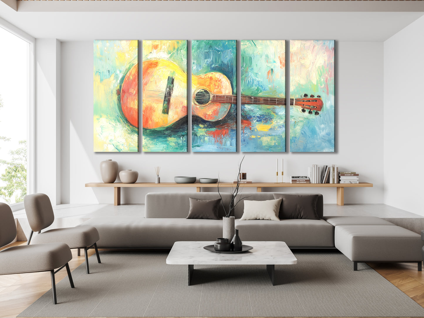 Lebhafter Leinwanddruck mit Akustikgitarre – Farbenfrohes Impasto-Musikdekor für künstlerische Innenräume