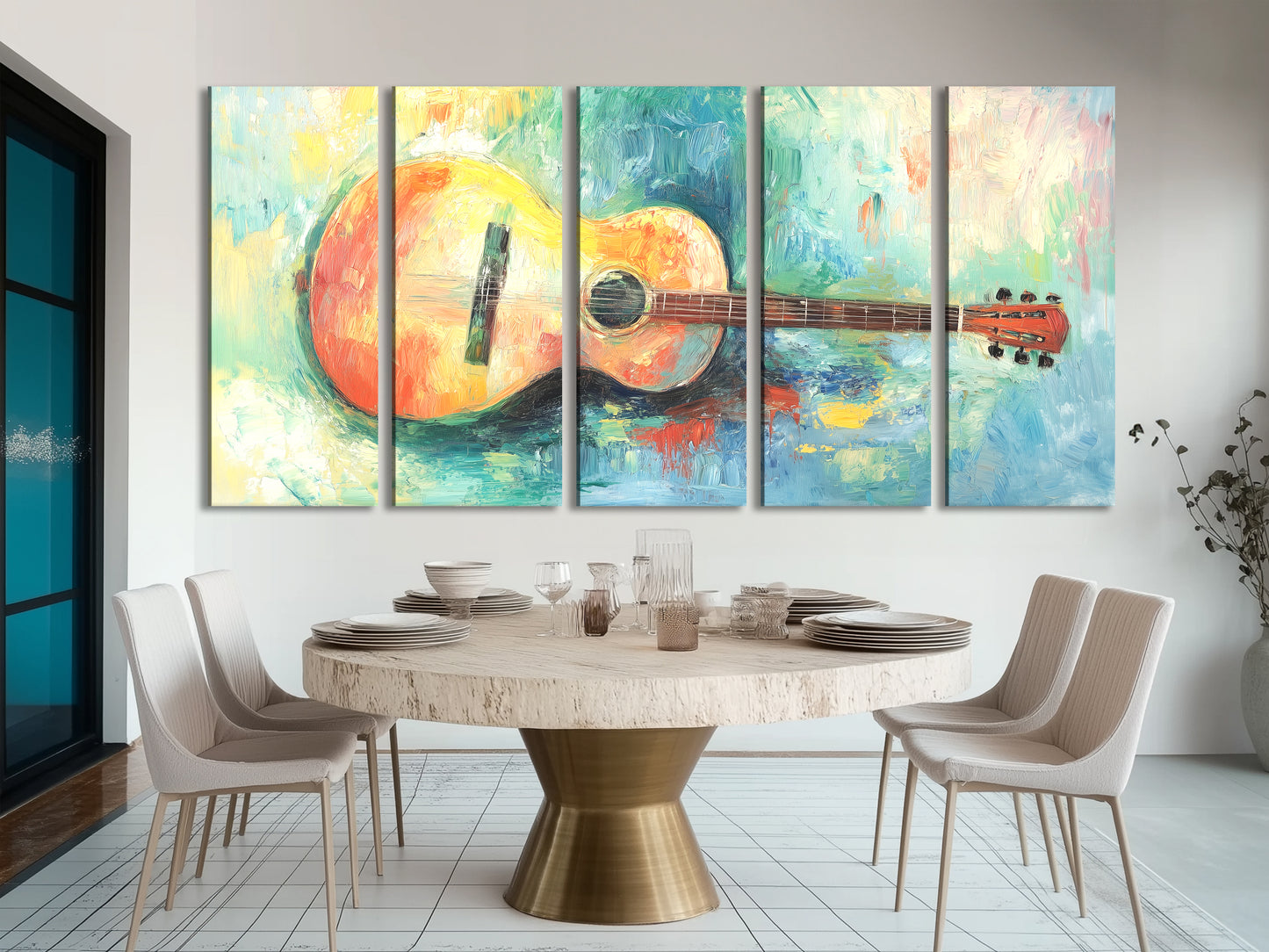 Lebhafter Leinwanddruck mit Akustikgitarre – Farbenfrohes Impasto-Musikdekor für künstlerische Innenräume
