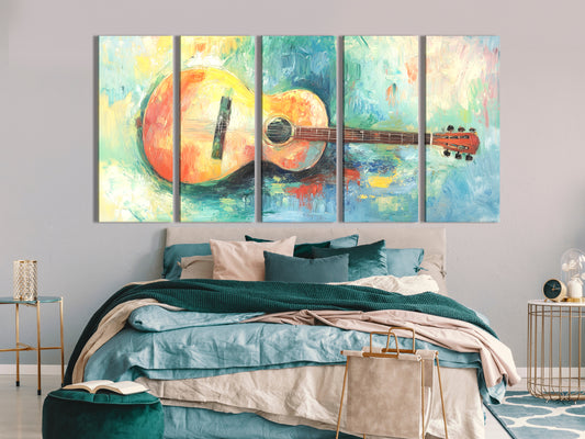생동감 넘치는 어쿠스틱 기타 캔버스 프린트 – 예술적인 인테리어를 위한 다채로운 임파스토 음악 장식