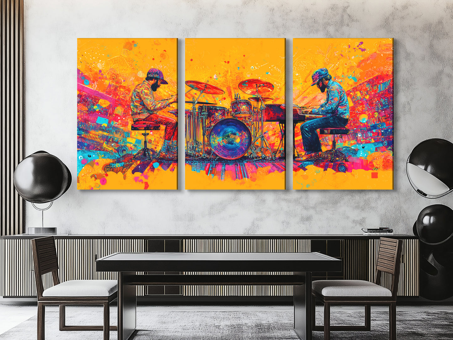 Leinwanddruck „Schlagzeuger & Pianist“ – Farbenfrohes Duo-Musikdekor, auffälliges Jazz-Funk-Fusion-Kunstwerk