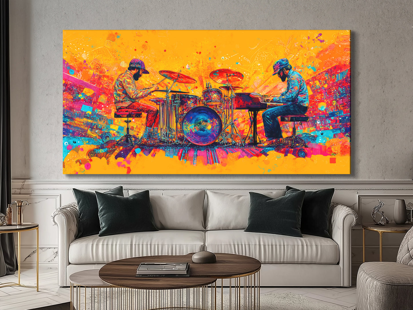 Leinwanddruck „Schlagzeuger & Pianist“ – Farbenfrohes Duo-Musikdekor, auffälliges Jazz-Funk-Fusion-Kunstwerk