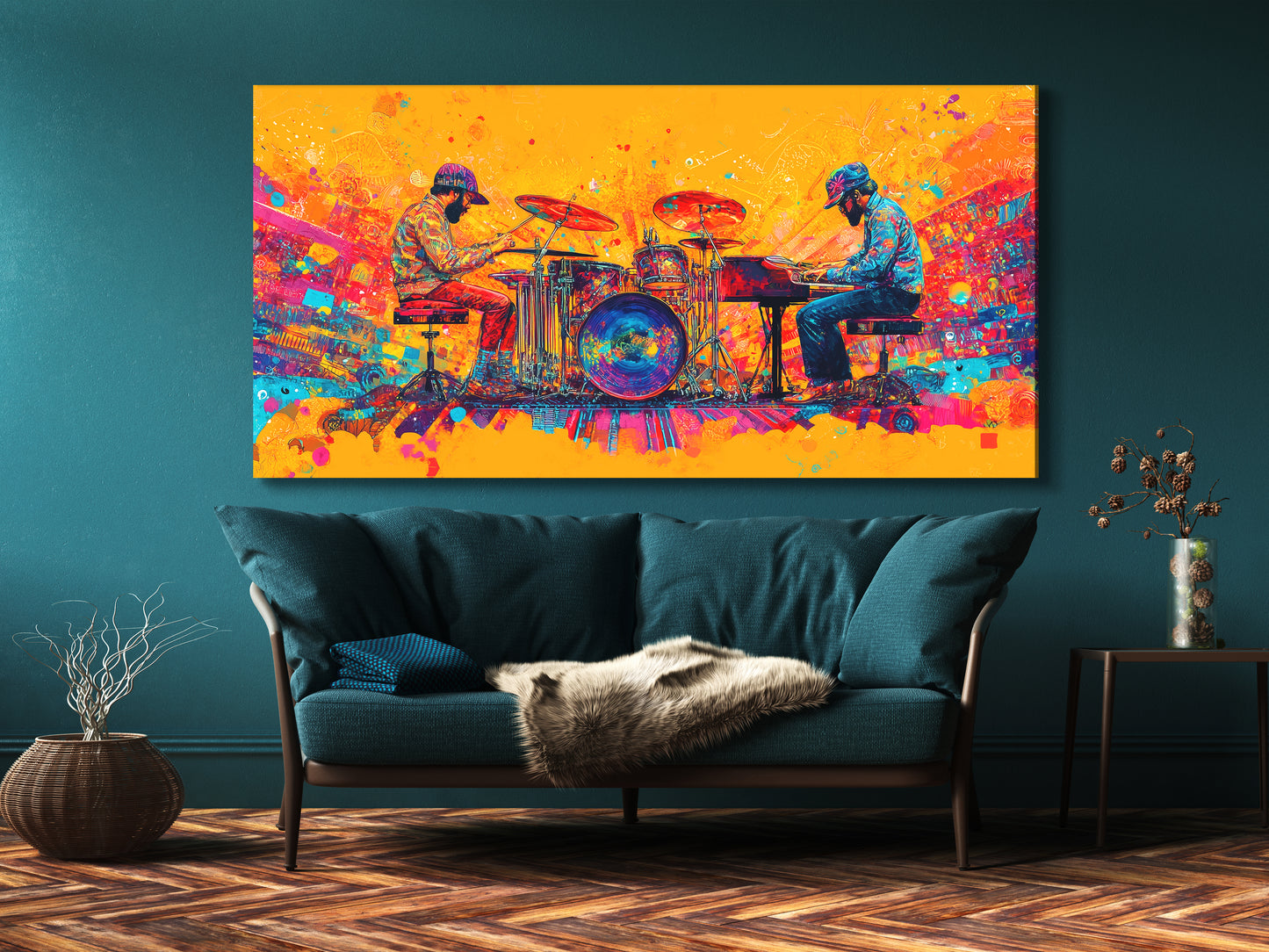 Leinwanddruck „Schlagzeuger & Pianist“ – Farbenfrohes Duo-Musikdekor, auffälliges Jazz-Funk-Fusion-Kunstwerk